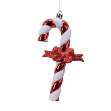 Hanging Shiny Candy Cane With Bow - Red/White - 14cm