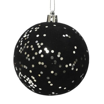 Hanging Shatterproof Flock Sequin Bauble - Black - 8cm