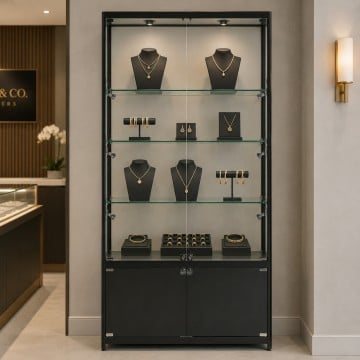 Black Panorama Glass Display Cabinet - Tall Extra Wide + Storage