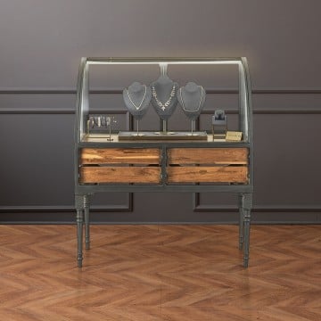Reclaimed Teak & Iron Curved Display Cabinet - 114 x 98 x 46cm