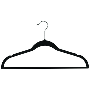 Black Slimline Velvet Plastic Clothes Hangers Bulkpack - Flat With Bar - 45cm