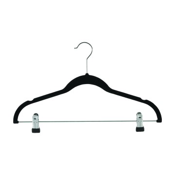 Black Slimline Velvet Plastic Clothes Hangers Bulkpack - Flat With Pegs - 45cm