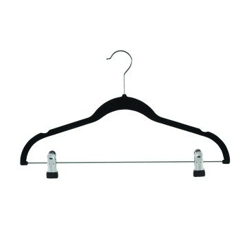 Black Slimline Velvet Plastic Clothes Hangers - Flat With Pegs - 45cm