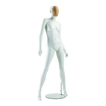 Masquerade White Female Mannequin With Wood Faceless Face - Hands at Side